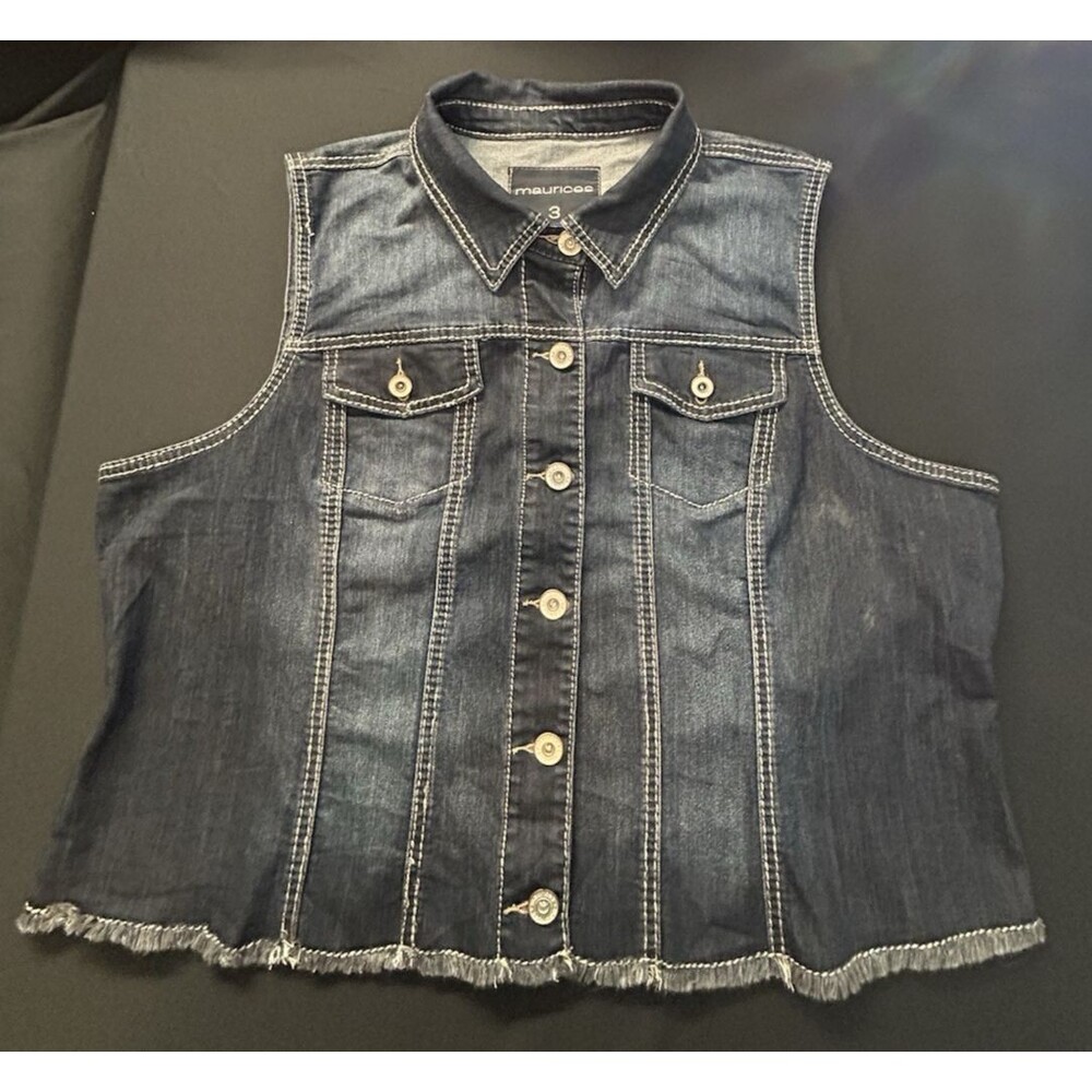 Maurices Denim Vest Womens Plus Size 3 3X Dark Wash Fringe Hem Stretch NWOT